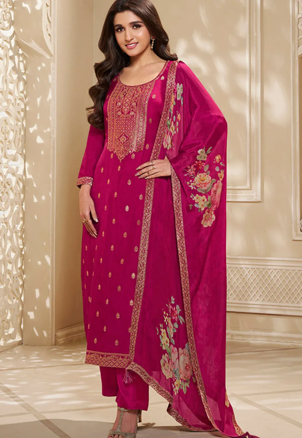 Woven Chinon Silk Pakistani Suit in Magenta