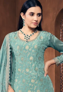 Woven Chinon Silk Pakistani Suit in Sea Green