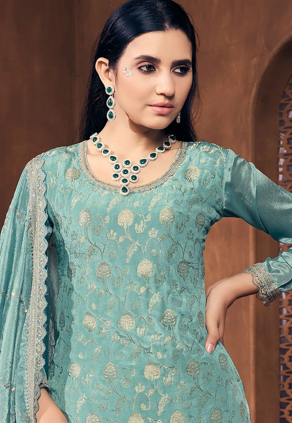 Woven Chinon Silk Pakistani Suit in Sea Green