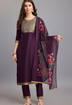 Woven Chinon Silk Pakistani Suit in Purple