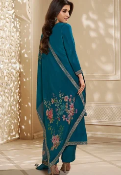 Woven Chinon Silk Pakistani Suit in Teal Blue