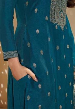 Woven Chinon Silk Pakistani Suit in Teal Blue