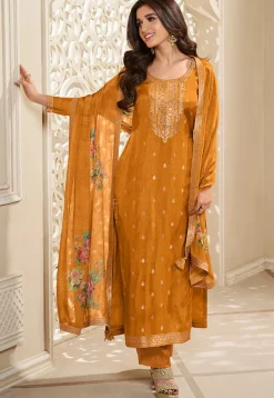 Woven Chinon Silk Pakistani Suit in Yellow