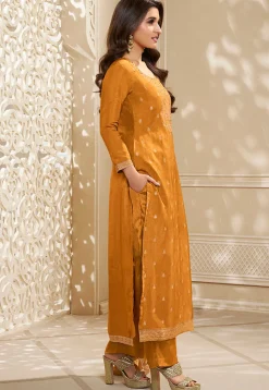 Woven Chinon Silk Pakistani Suit in Yellow