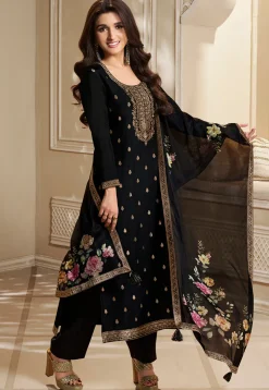 Woven Chinon Silk Pakistani Suit in Black