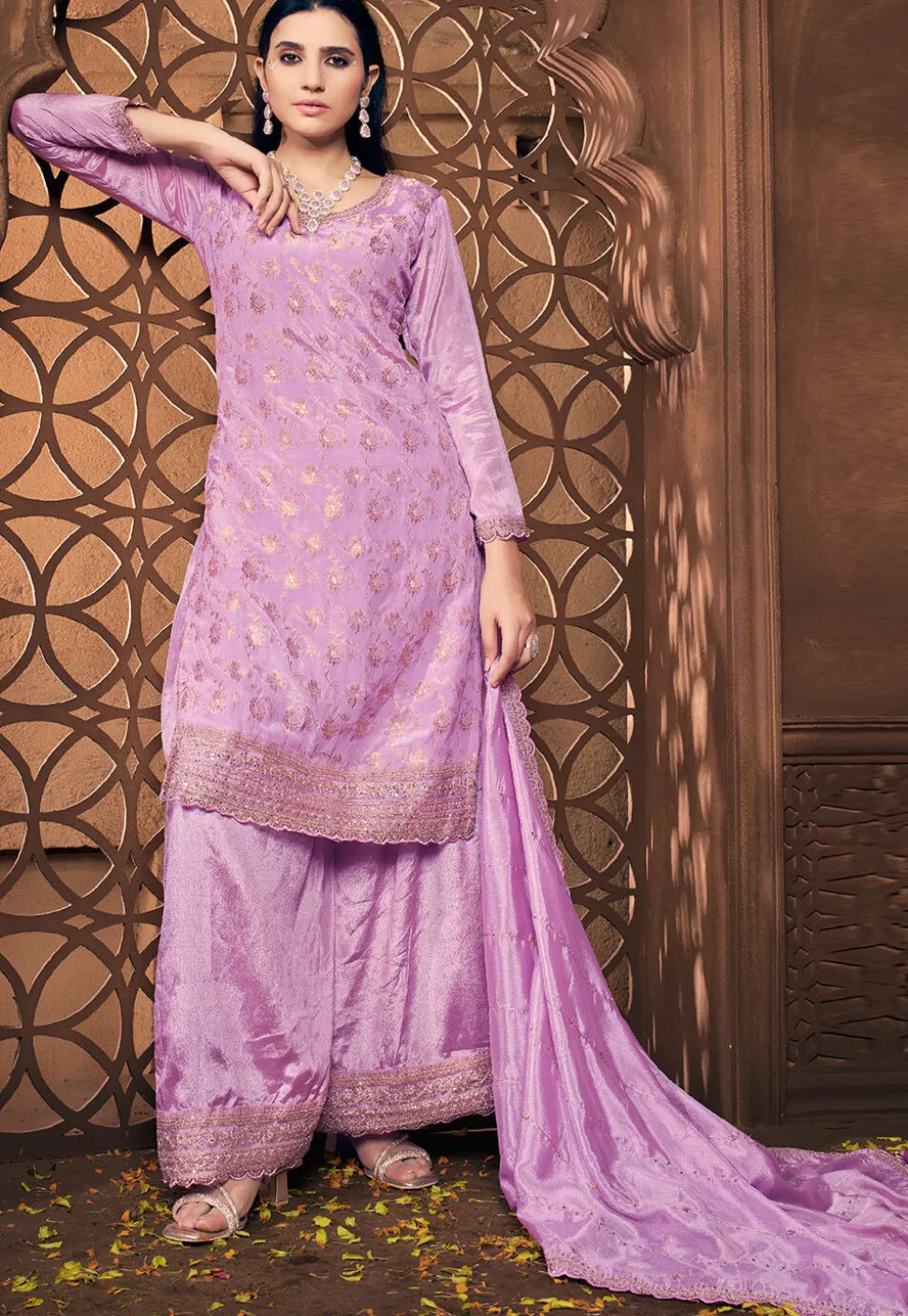 Woven Chinon Silk Pakistani Suit in Light Purple
