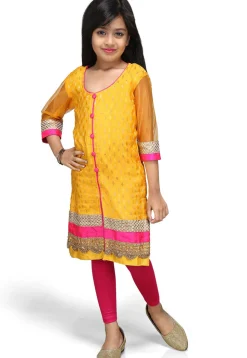 Woven Chinon Viscose Straight Kurta Set in Yellow
