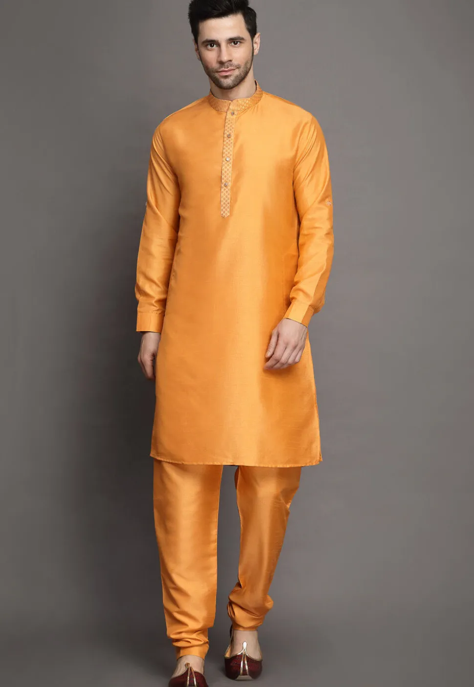 Woven Collar Art Silk Kurta Set in Orange