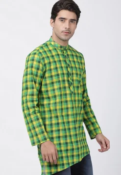 Woven Cotton Asymmetric Short Kurta in Green and Yellow