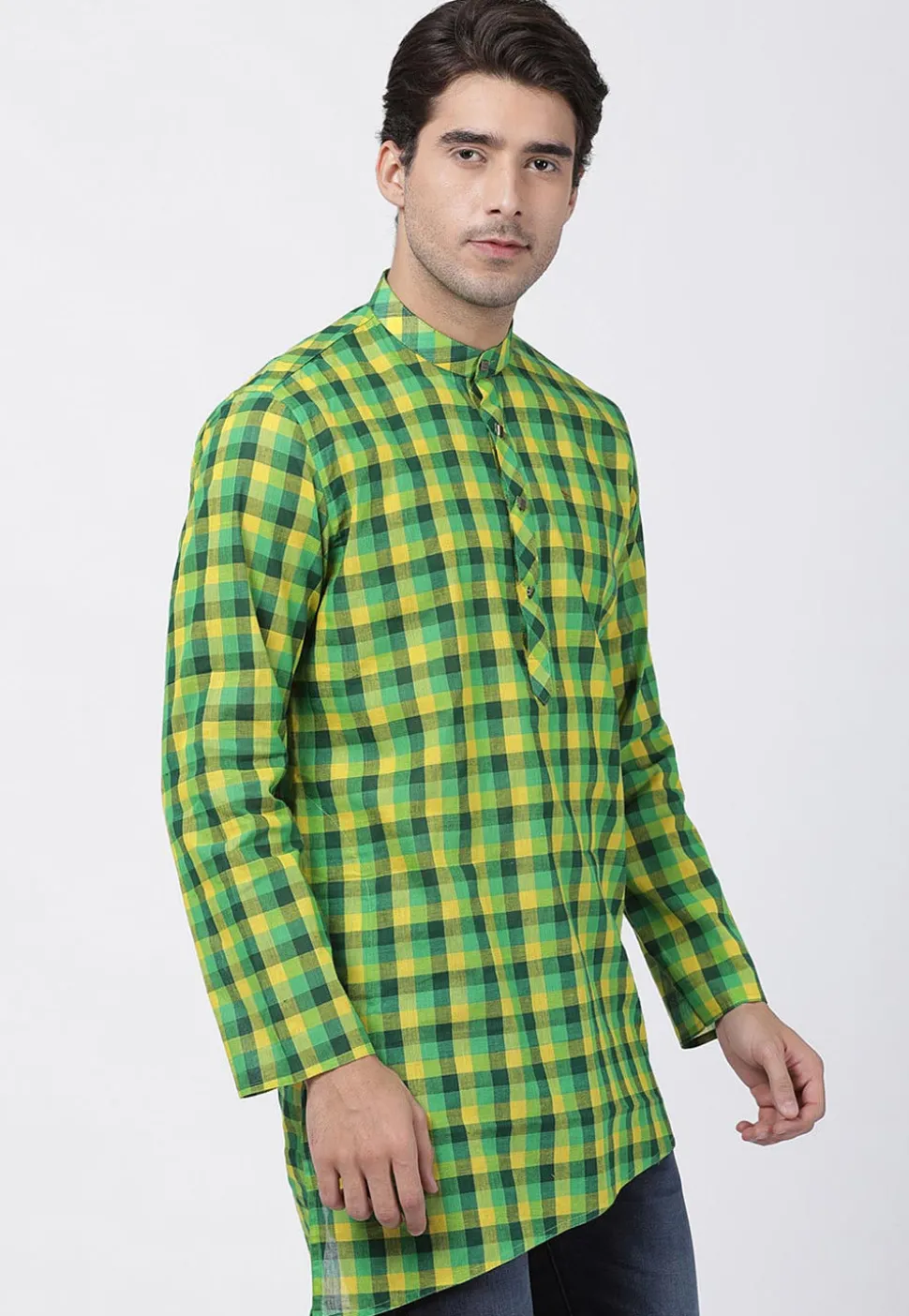Woven Cotton Asymmetric Short Kurta in Green and Yellow