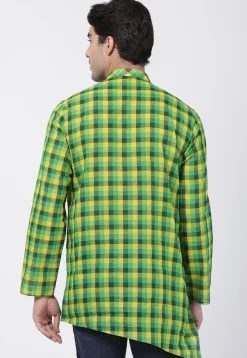 Woven Cotton Asymmetric Short Kurta in Green and Yellow