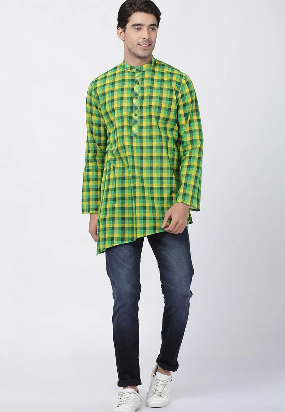 Woven Cotton Asymmetric Short Kurta in Green and Yellow