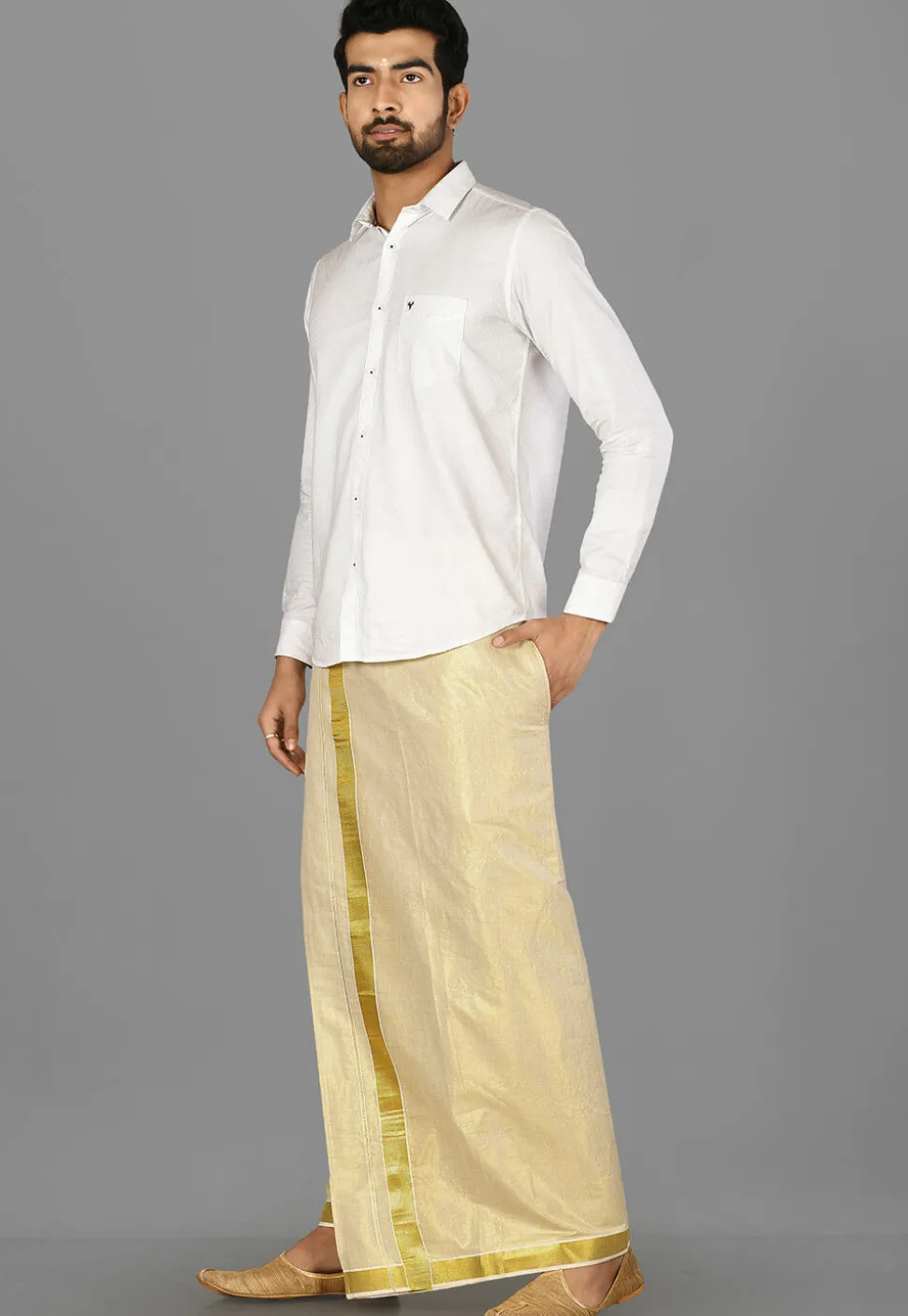 Woven Cotton Dhoti in Golden