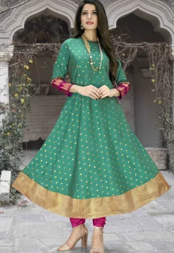 Woven Cotton Jacquard A Line Kurta in Teal Green