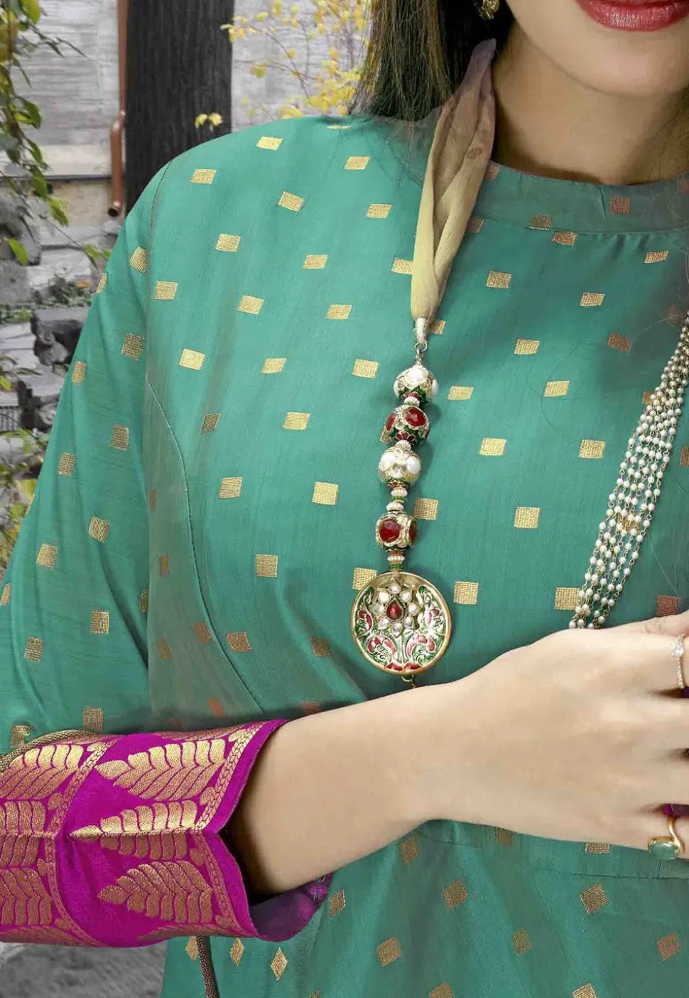 Woven Cotton Jacquard A Line Kurta in Teal Green