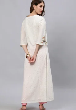 Woven Cotton Jacquard A Line Kurta in White