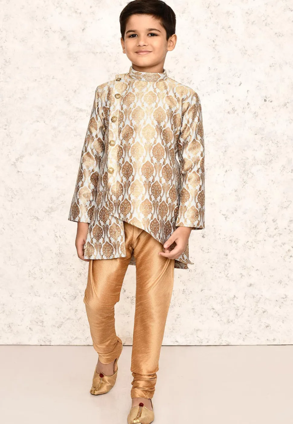 Woven Cotton Jacquard Asymmetric Kurta Set in Grey