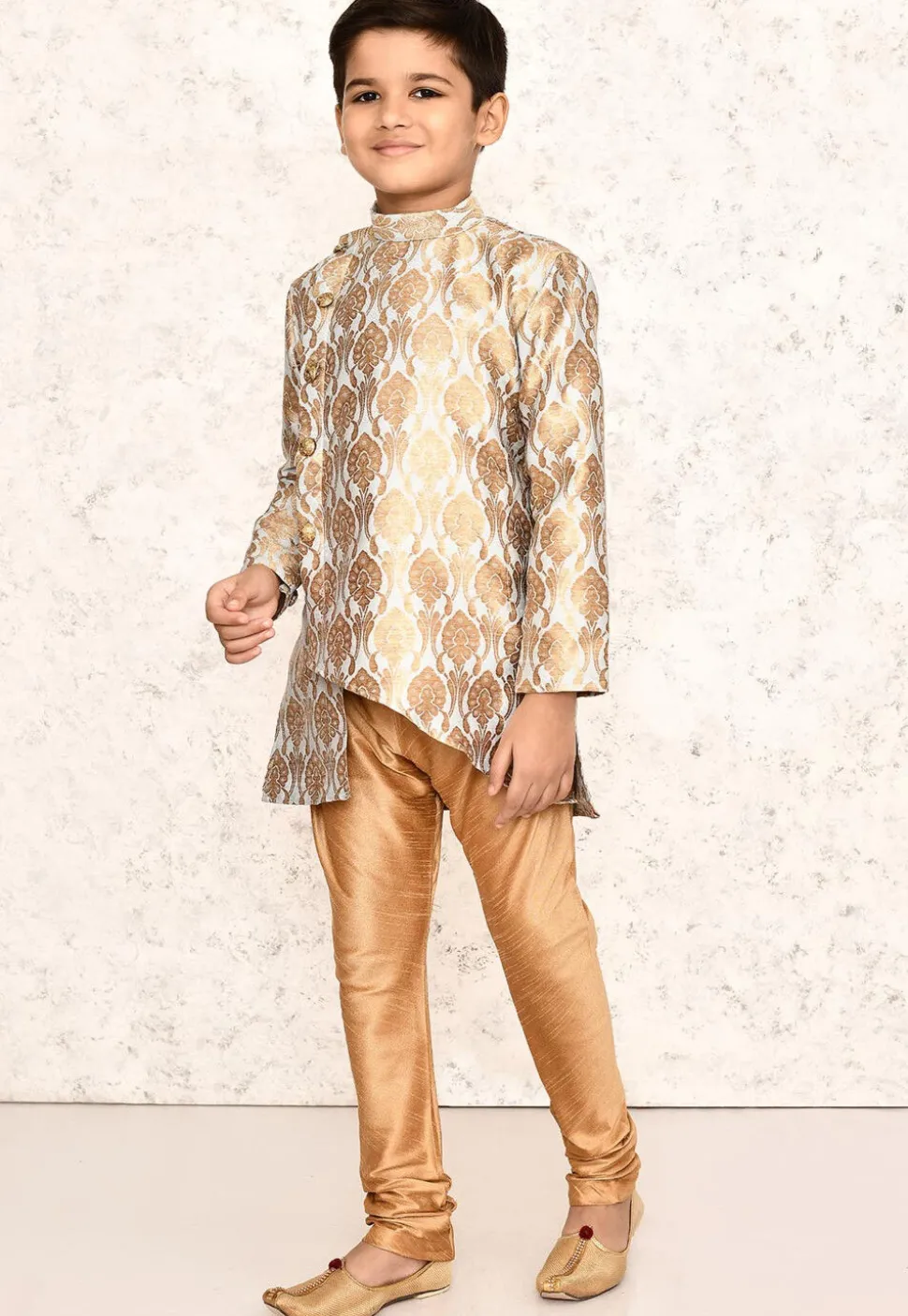 Woven Cotton Jacquard Asymmetric Kurta Set in Grey