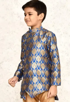 Woven Cotton Jacquard Asymmetric Kurta in Royal Blue