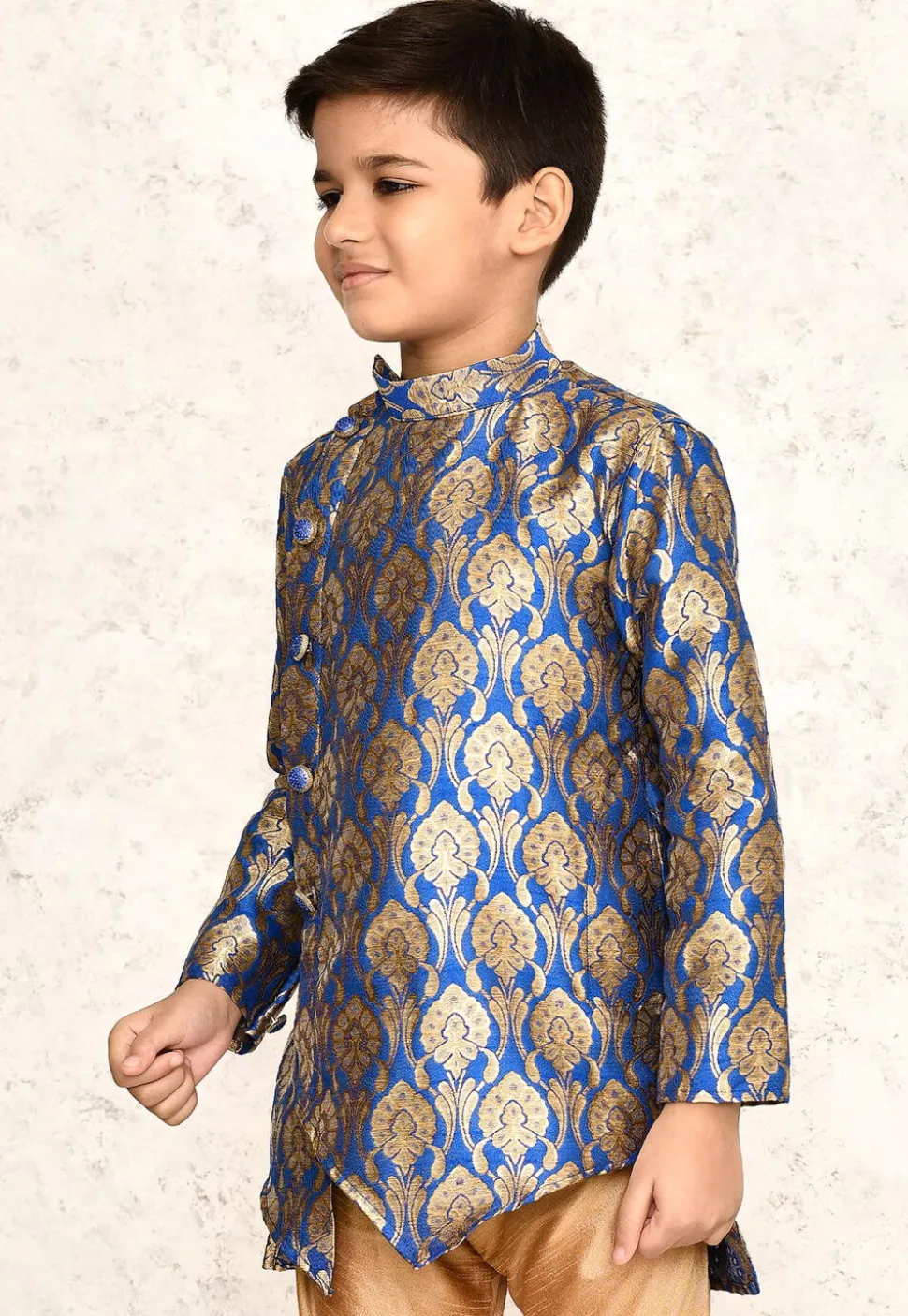 Woven Cotton Jacquard Asymmetric Kurta in Royal Blue