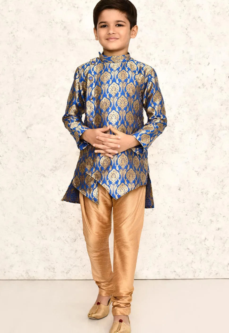Woven Cotton Jacquard Asymmetric Kurta in Royal Blue