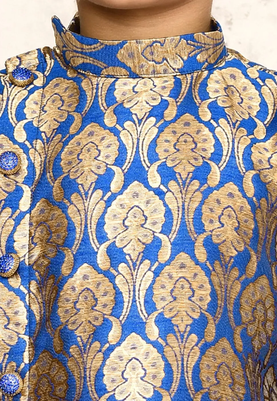 Woven Cotton Jacquard Asymmetric Kurta in Royal Blue