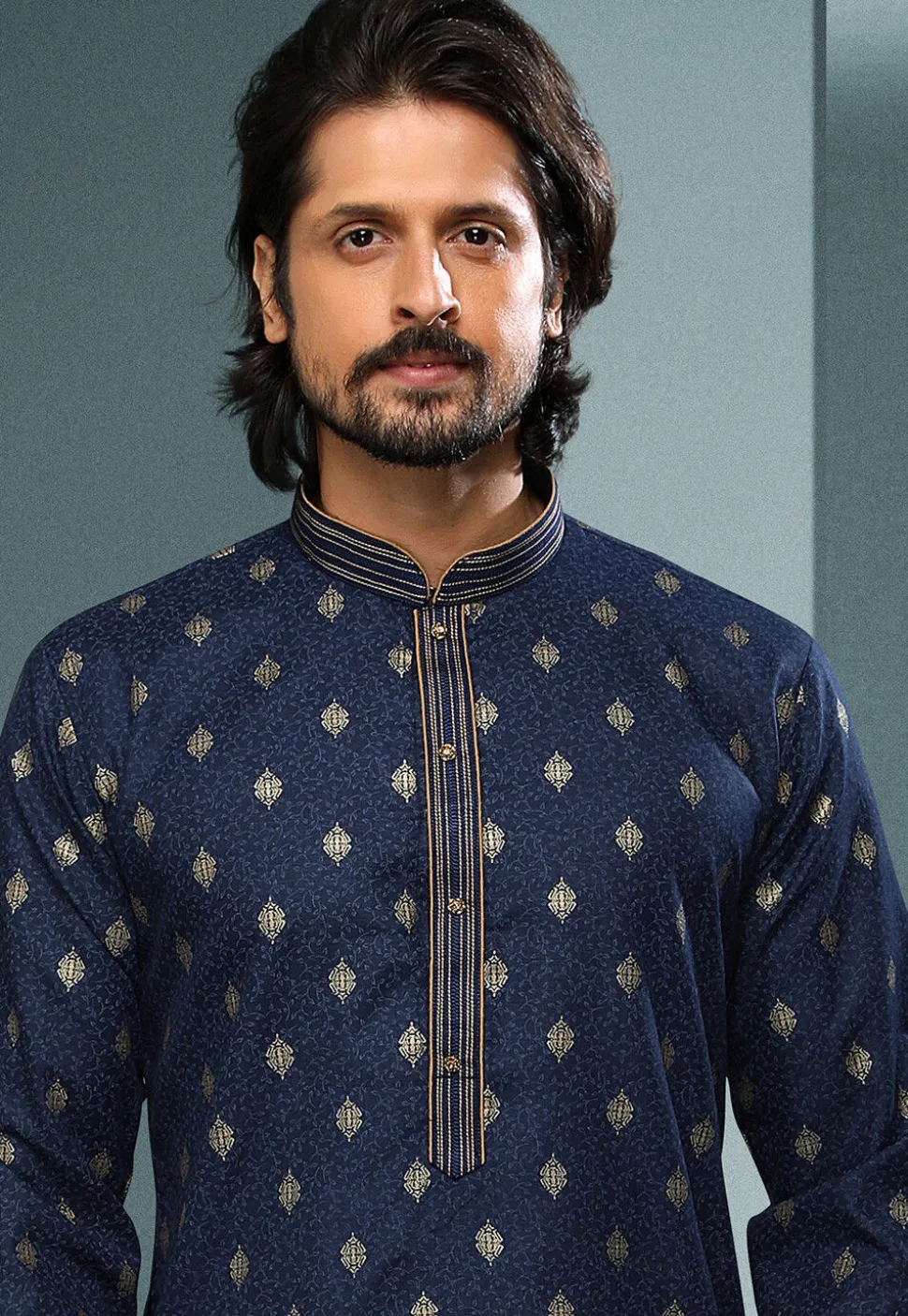 Woven Cotton Jacquard Dhoti Kurta in Navy Blue