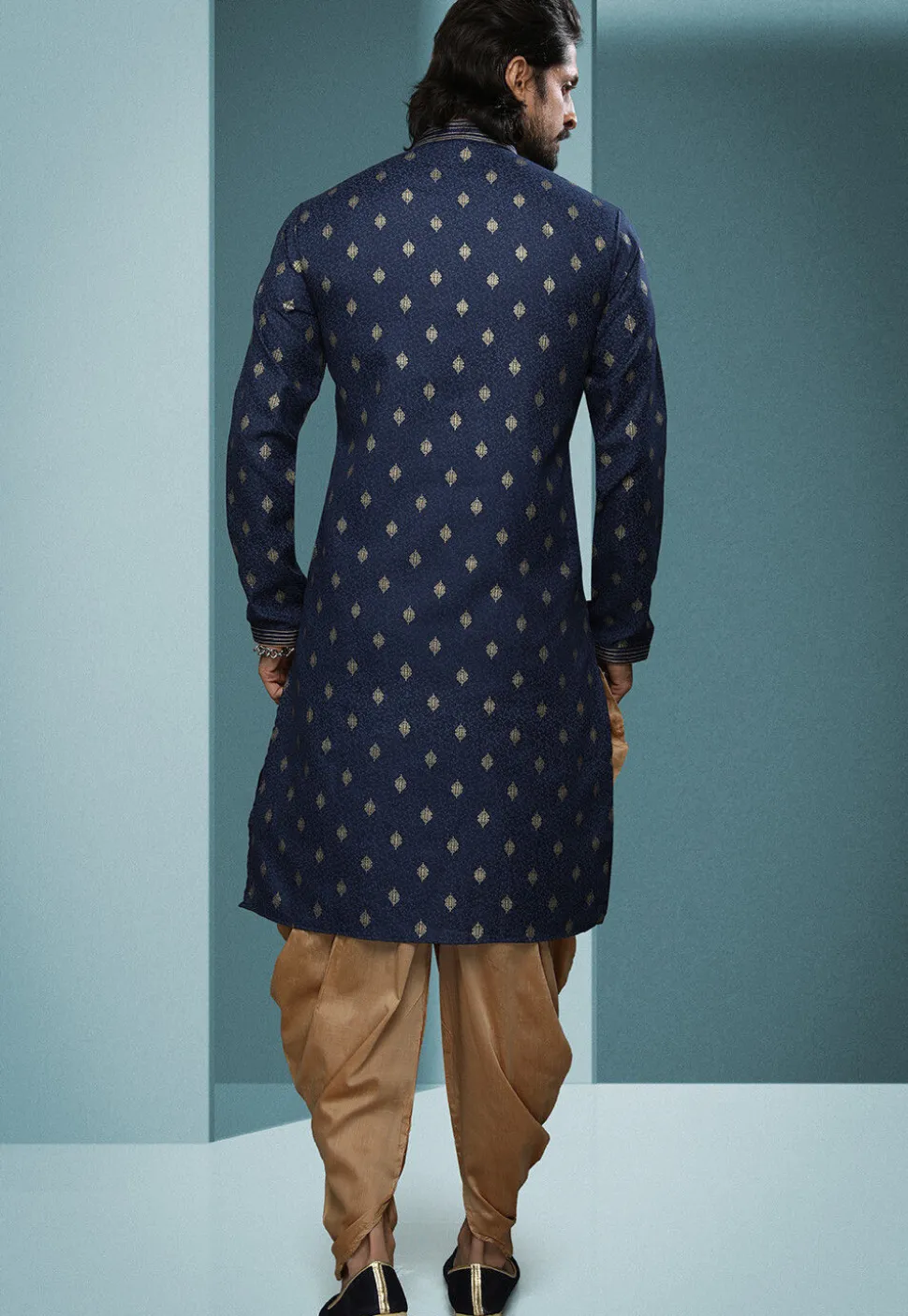 Woven Cotton Jacquard Dhoti Kurta in Navy Blue