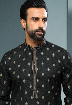 Woven Cotton Jacquard Dhoti Kurta in Black