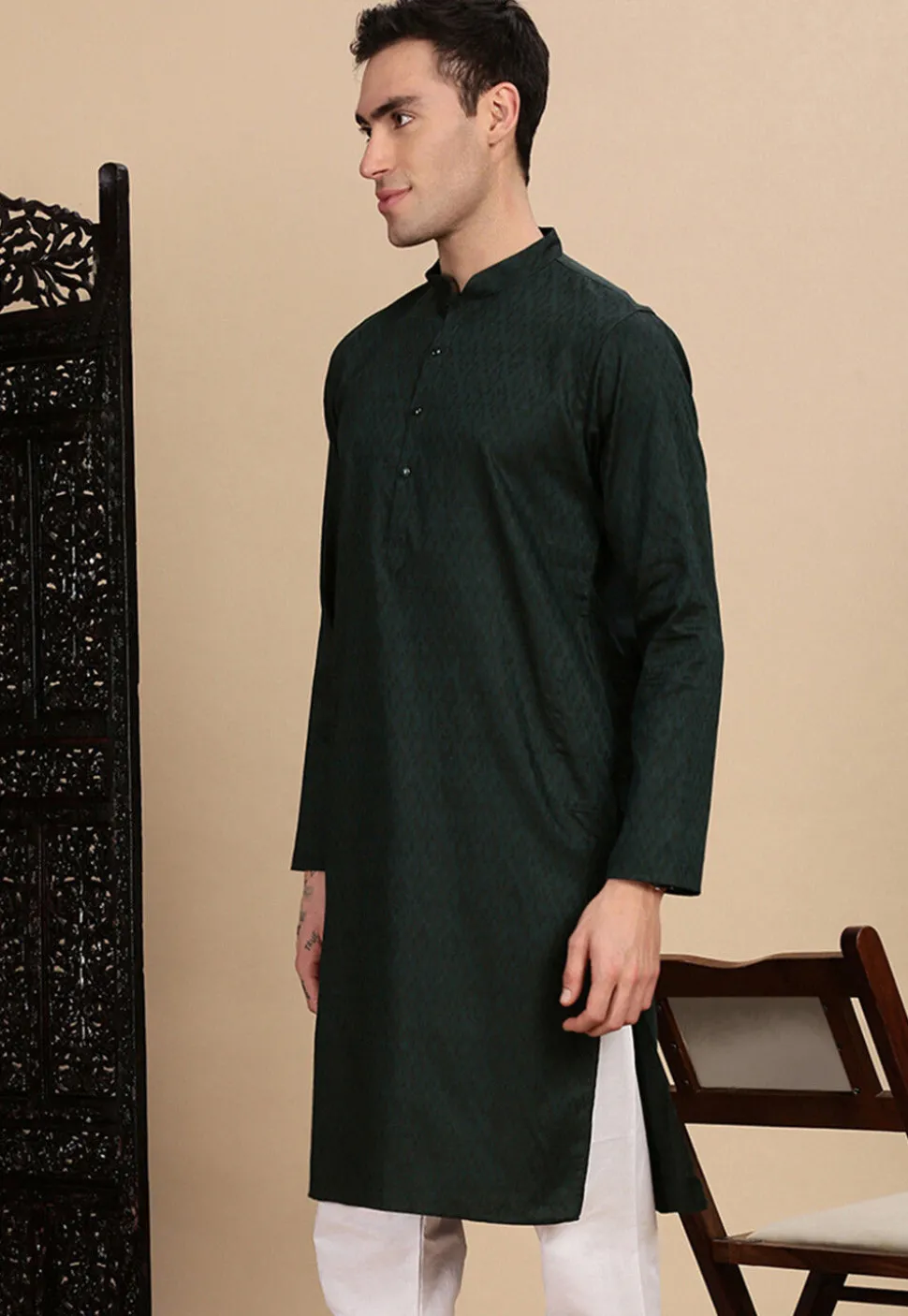 Woven Cotton Jacquard Kurta in Dark Green