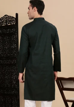 Woven Cotton Jacquard Kurta in Dark Green