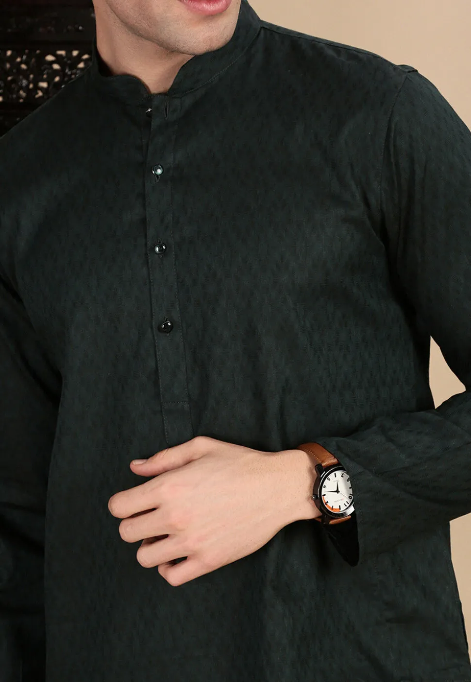 Woven Cotton Jacquard Kurta in Dark Green