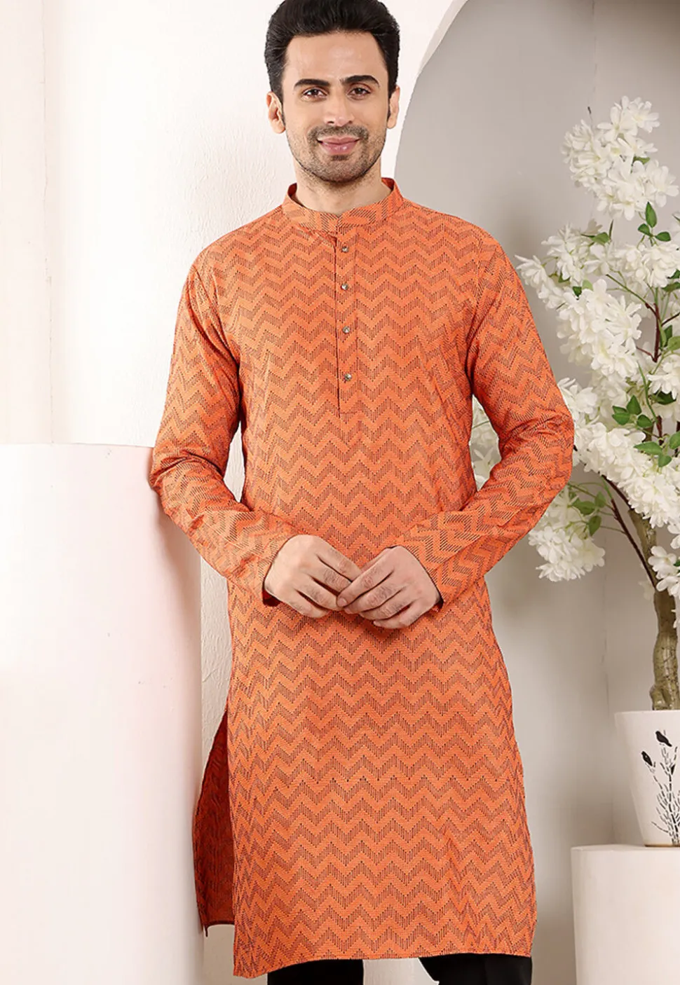 Woven Cotton Jacquard Kurta in Orange