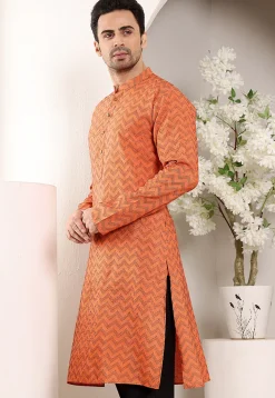 Woven Cotton Jacquard Kurta in Orange