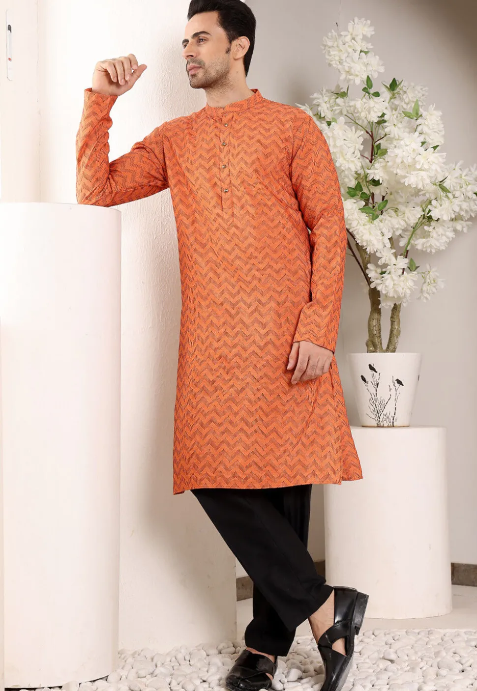 Woven Cotton Jacquard Kurta in Orange