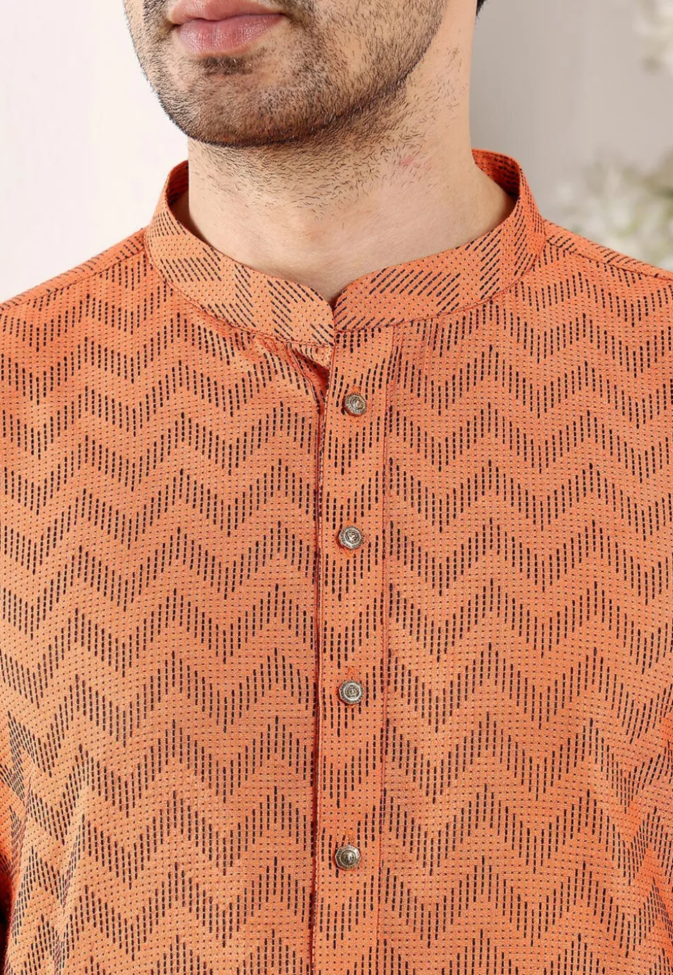 Woven Cotton Jacquard Kurta in Orange