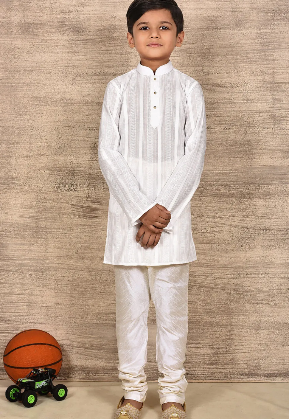 Woven Cotton Jacquard Kurta Set in White