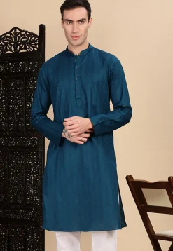 Woven Cotton Jacquard Kurta in Teal Blue