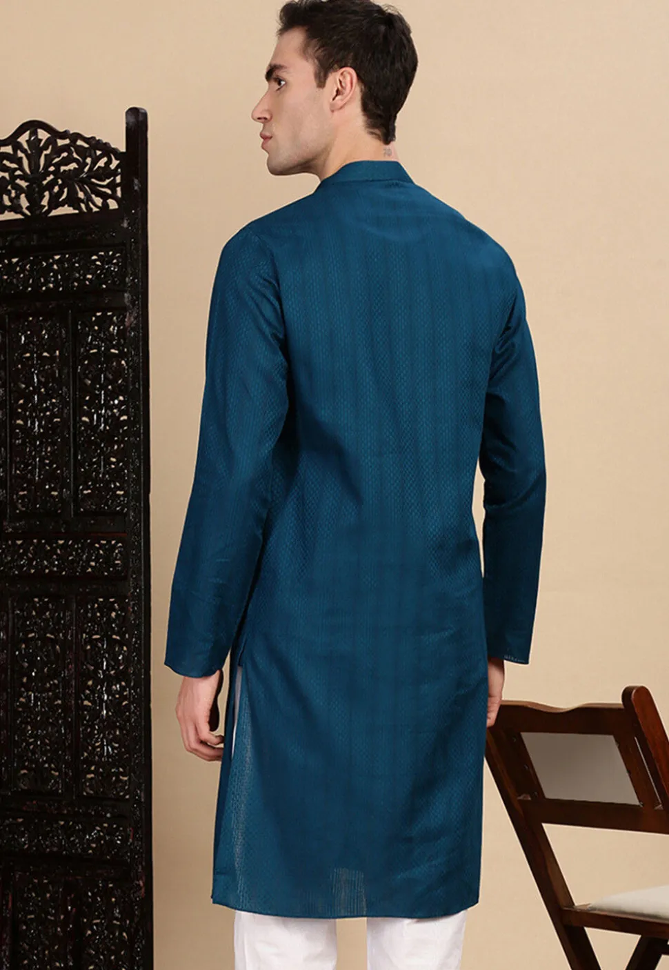 Woven Cotton Jacquard Kurta in Teal Blue