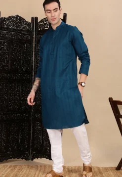 Woven Cotton Jacquard Kurta in Teal Blue