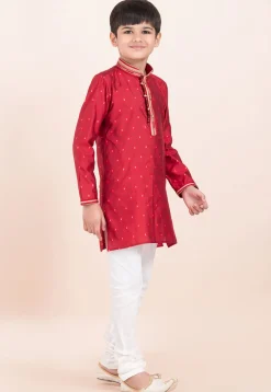 Woven Cotton Jacquard Kurta Set in Red