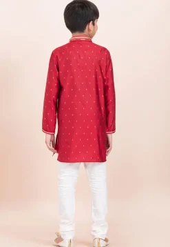 Woven Cotton Jacquard Kurta Set in Red