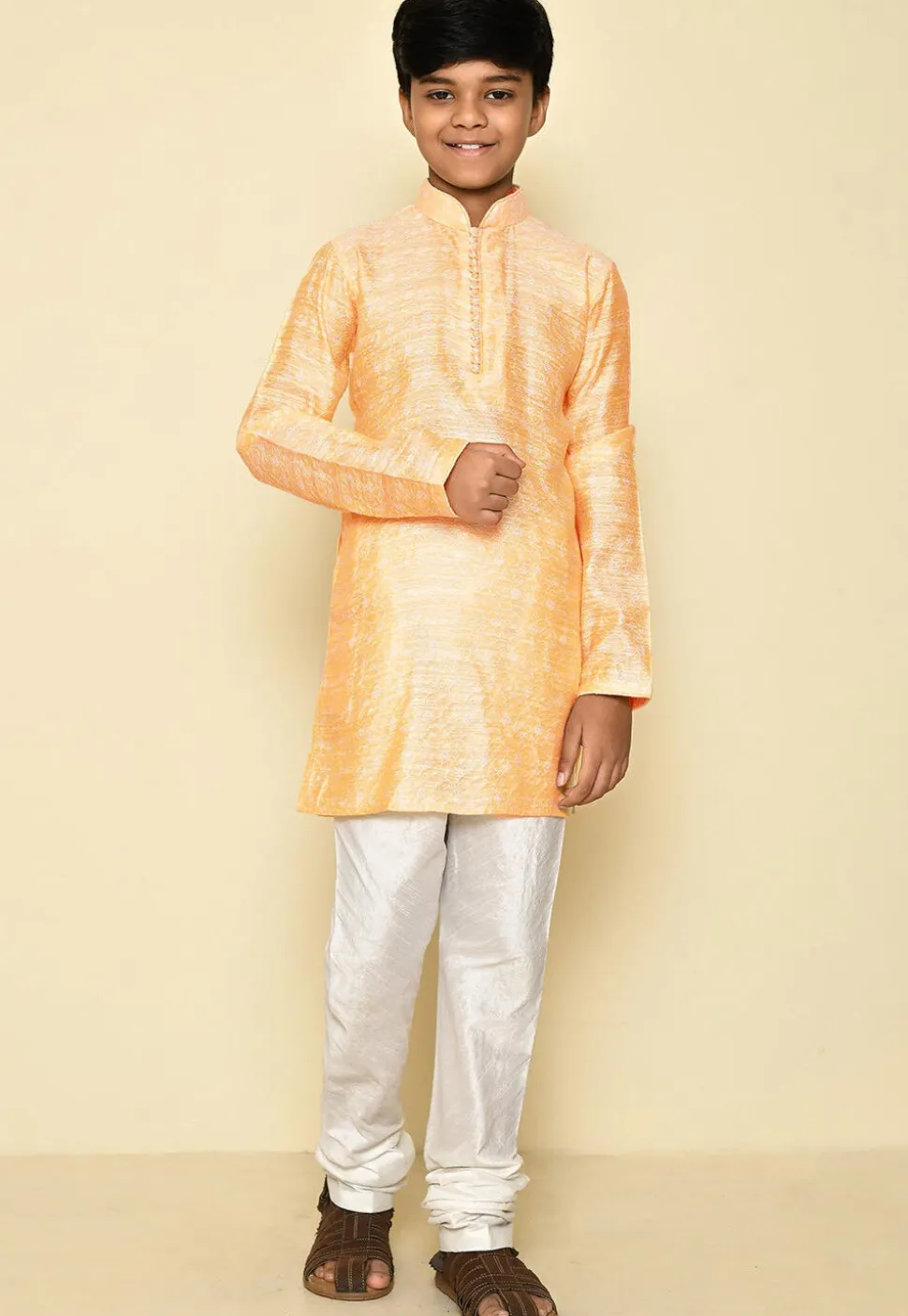 Woven Cotton Jacquard Kurta in Light Yellow