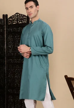 Woven Cotton Jacquard Kurta in Blue