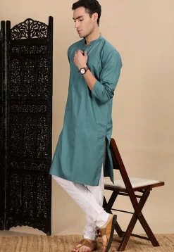 Woven Cotton Jacquard Kurta in Blue