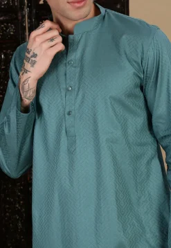 Woven Cotton Jacquard Kurta in Blue