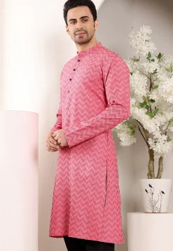 Woven Cotton Jacquard Kurta in Pink