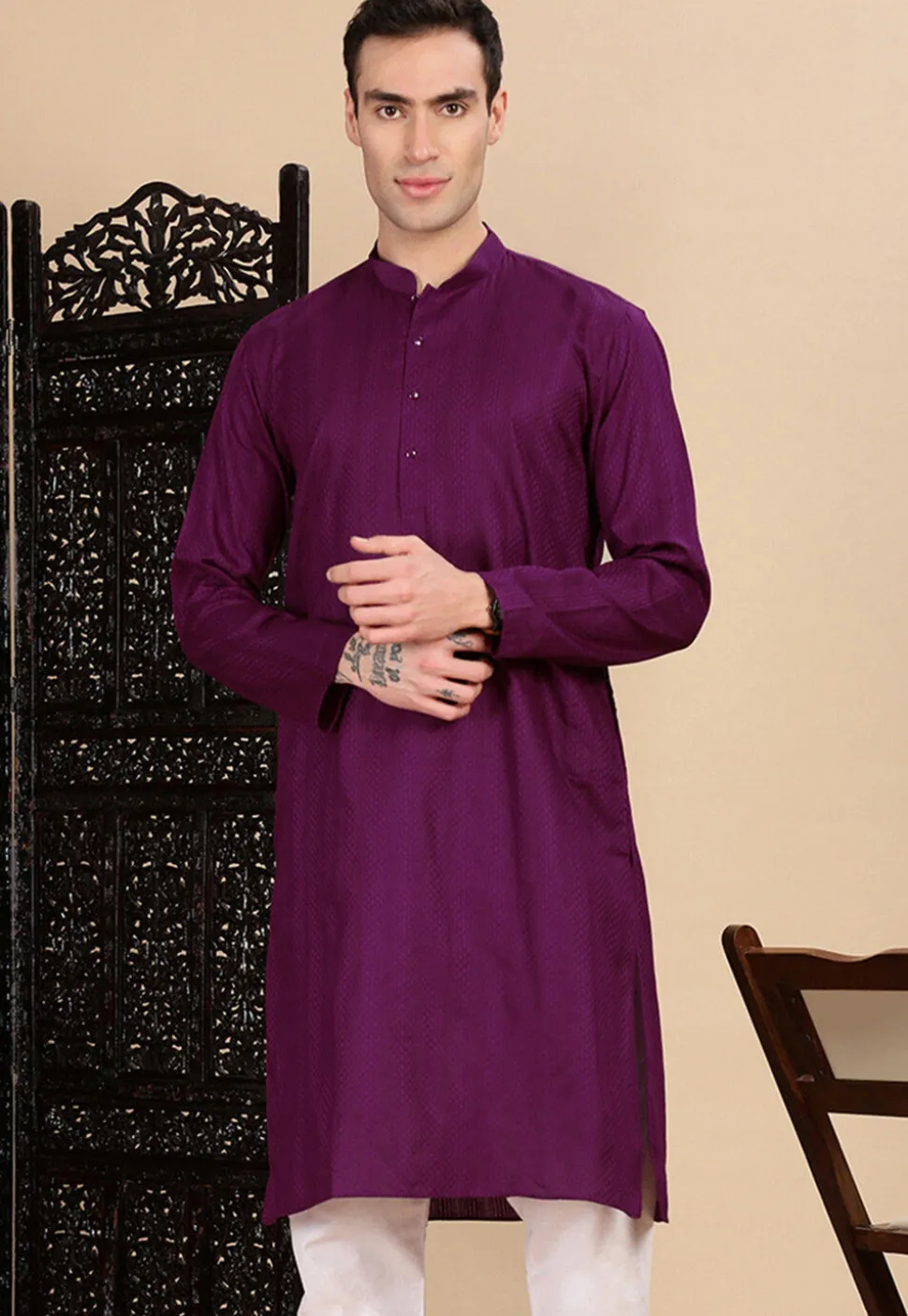 Woven Cotton Jacquard Kurta in Purple
