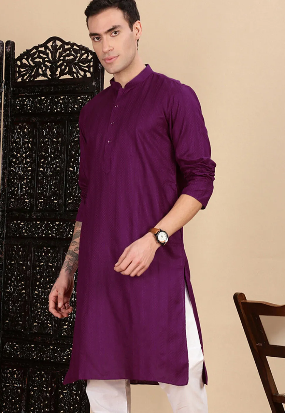 Woven Cotton Jacquard Kurta in Purple