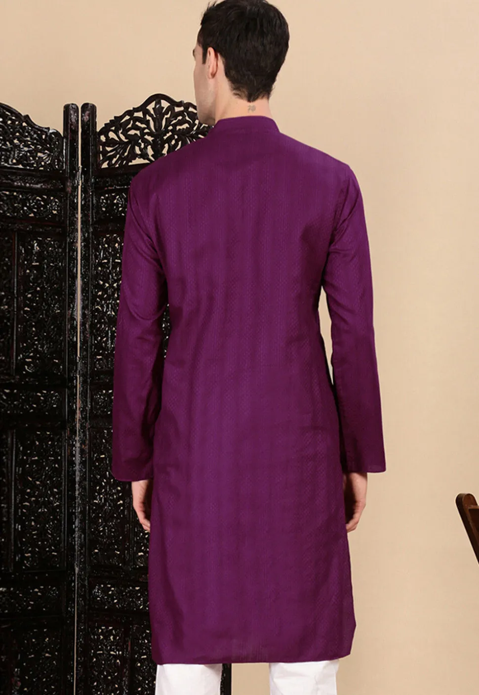 Woven Cotton Jacquard Kurta in Purple